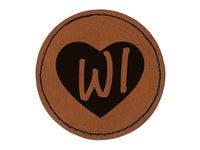 WI Wisconsin State in Heart Round Iron-On Engraved Faux Leather Patch Applique - 2.5"