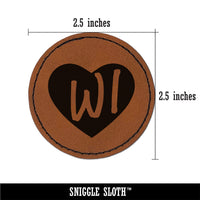 WI Wisconsin State in Heart Round Iron-On Engraved Faux Leather Patch Applique - 2.5"