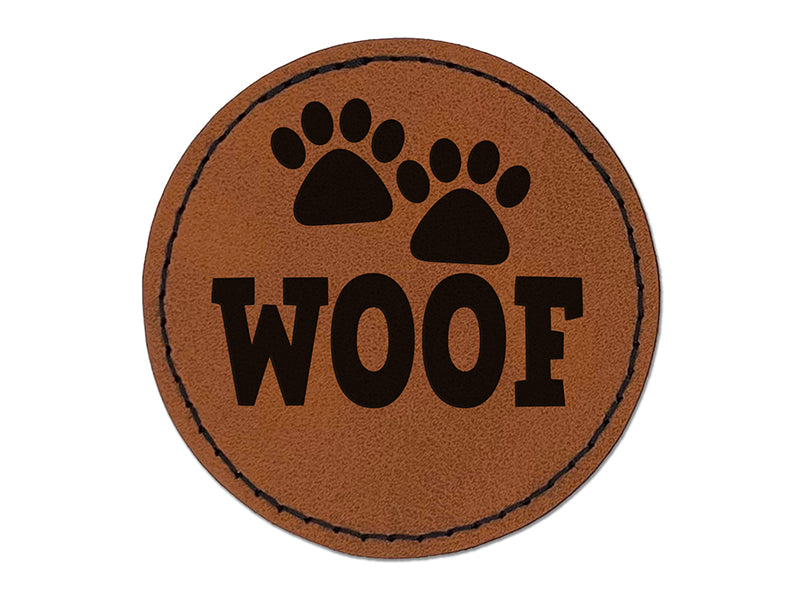 Woof Dog Paw Prints Fun Text Round Iron-On Engraved Faux Leather Patch Applique - 2.5"