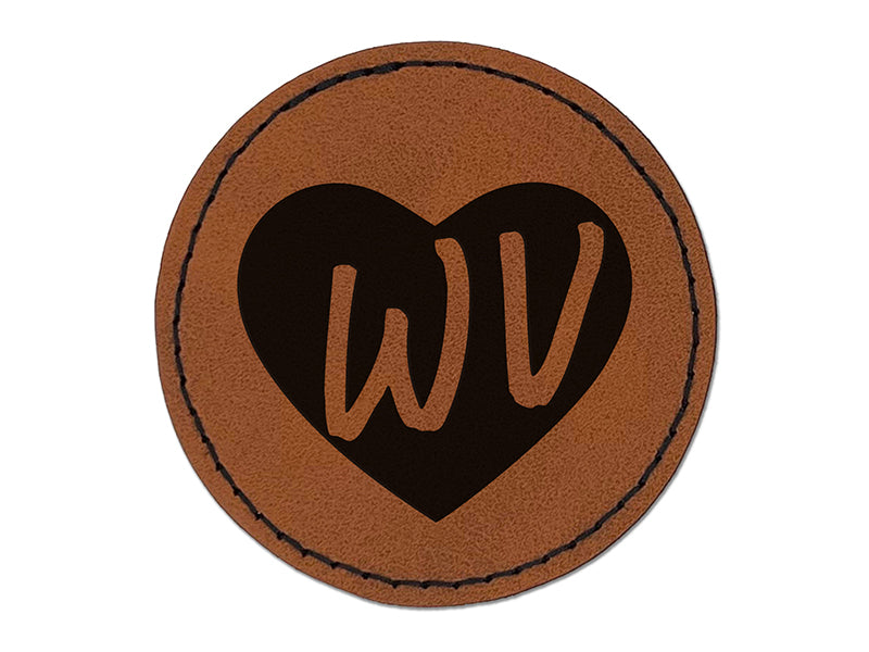 WV West Virginia State in Heart Round Iron-On Engraved Faux Leather Patch Applique - 2.5"