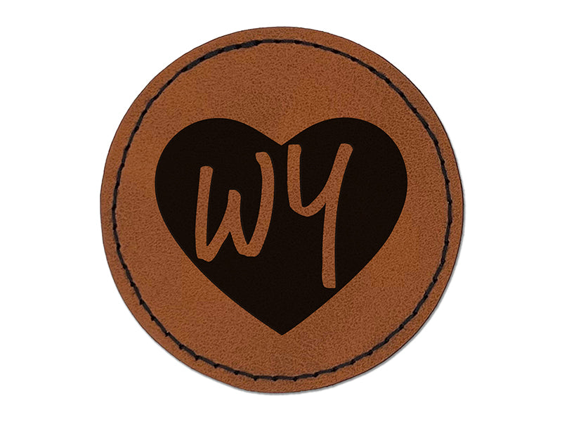 WY Wyoming State in Heart Round Iron-On Engraved Faux Leather Patch Applique - 2.5"
