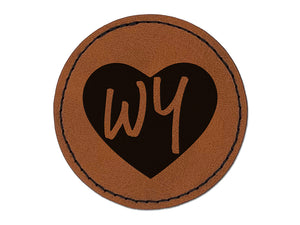 WY Wyoming State in Heart Round Iron-On Engraved Faux Leather Patch Applique - 2.5"