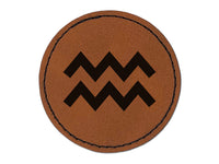 Aquarius Horoscope Astrological Zodiac Sign Round Iron-On Engraved Faux Leather Patch Applique - 2.5"