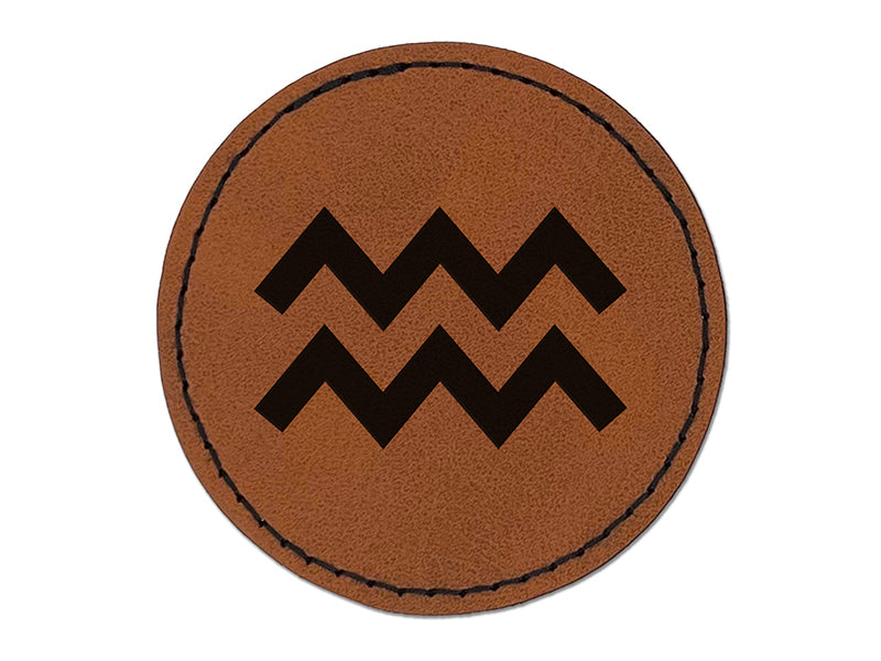 Aquarius Horoscope Astrological Zodiac Sign Round Iron-On Engraved Faux Leather Patch Applique - 2.5"