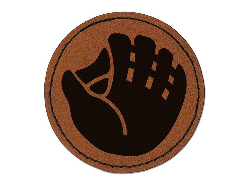 Baseball Glove Mitt Round Iron-On Engraved Faux Leather Patch Applique - 2.5"