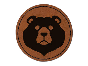 Black Bear Head Round Iron-On Engraved Faux Leather Patch Applique - 2.5"