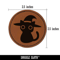 Black Cat with Witch Hat Halloween Round Iron-On Engraved Faux Leather Patch Applique - 2.5"