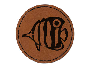 Butterfly Fish Round Iron-On Engraved Faux Leather Patch Applique - 2.5"