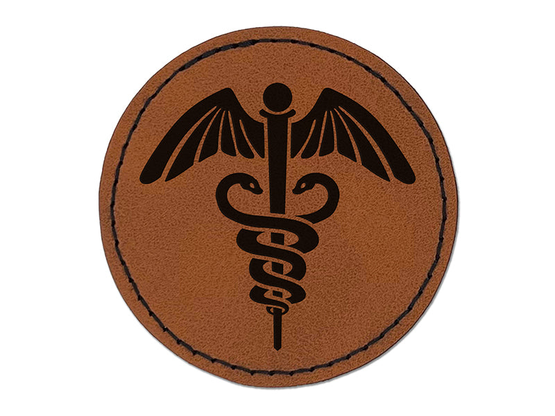 Caduceus Health Medical Symbol Round Iron-On Engraved Faux Leather Patch Applique - 2.5"