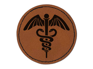 Caduceus Health Medical Symbol Round Iron-On Engraved Faux Leather Patch Applique - 2.5"