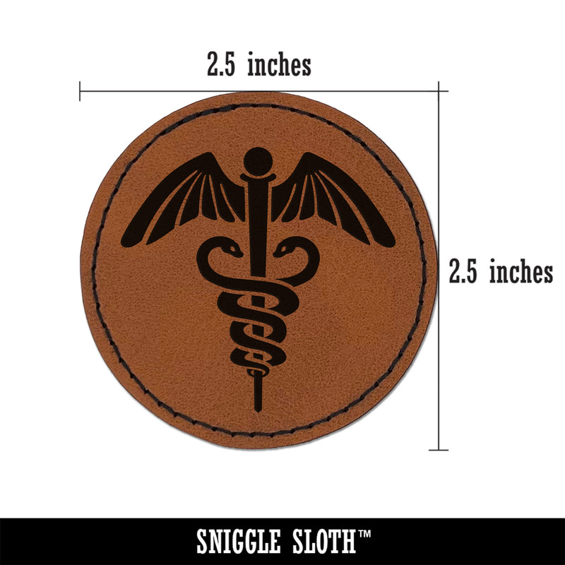 Caduceus Health Medical Symbol Round Iron-On Engraved Faux Leather Patch Applique - 2.5"