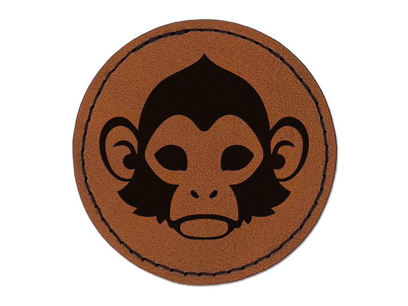 Capuchin Monkey Head Round Iron-On Engraved Faux Leather Patch Applique - 2.5"