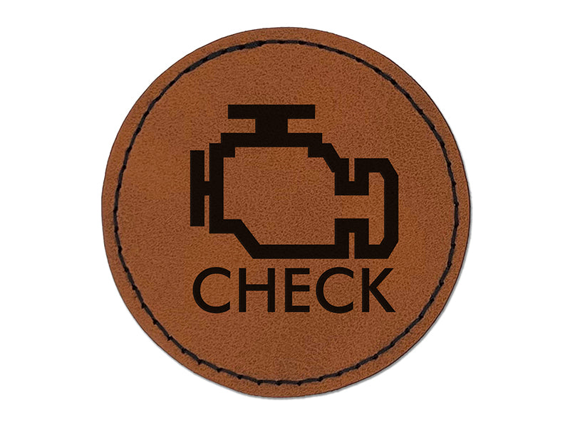 Car Check Engine Light Round Iron-On Engraved Faux Leather Patch Applique - 2.5"