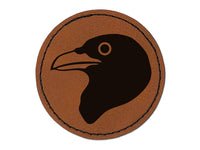 Clever Raven Head Round Iron-On Engraved Faux Leather Patch Applique - 2.5"