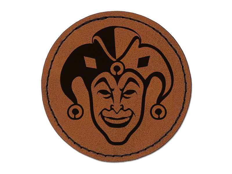 Court Jester Joker Harlequin Round Iron-On Engraved Faux Leather Patch Applique - 2.5"