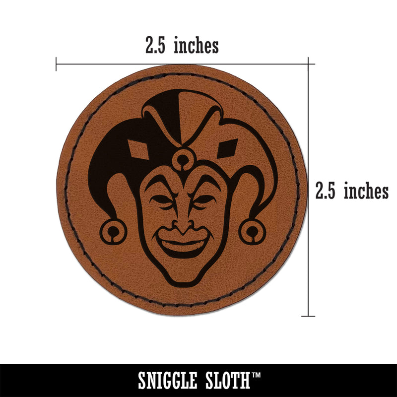 Court Jester Joker Harlequin Round Iron-On Engraved Faux Leather Patch Applique - 2.5"