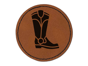 Cowboy Boot Western Round Iron-On Engraved Faux Leather Patch Applique - 2.5"