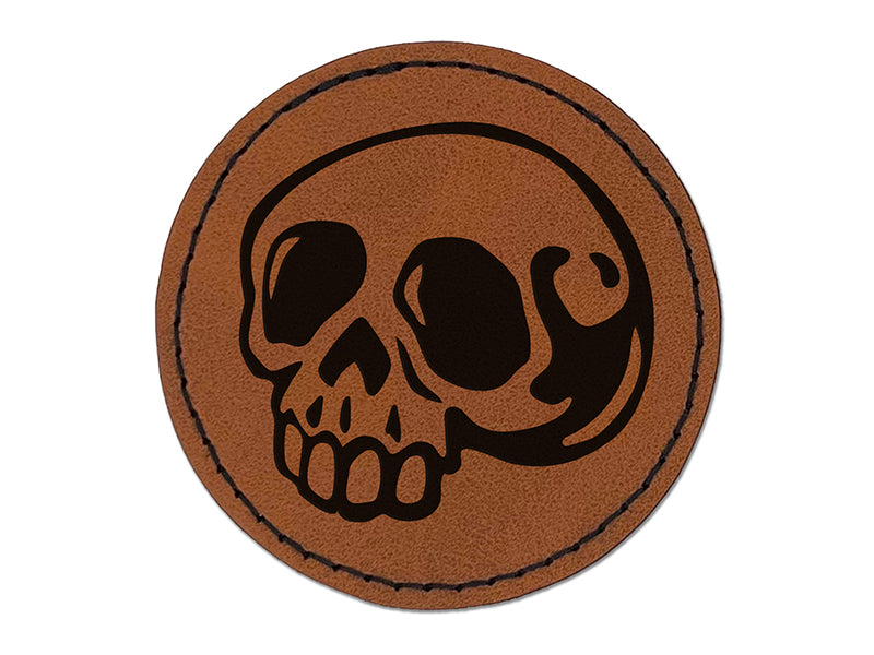 Creepy Skull Halloween Round Iron-On Engraved Faux Leather Patch Applique - 2.5"