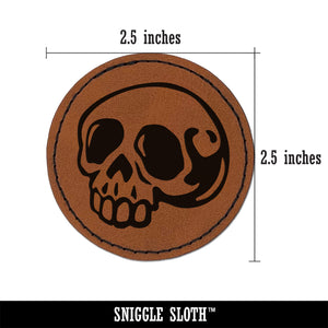 Creepy Skull Halloween Round Iron-On Engraved Faux Leather Patch Applique - 2.5"