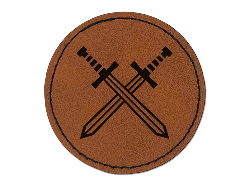 Crossed Swords Battle Icon Round Iron-On Engraved Faux Leather Patch Applique - 2.5"