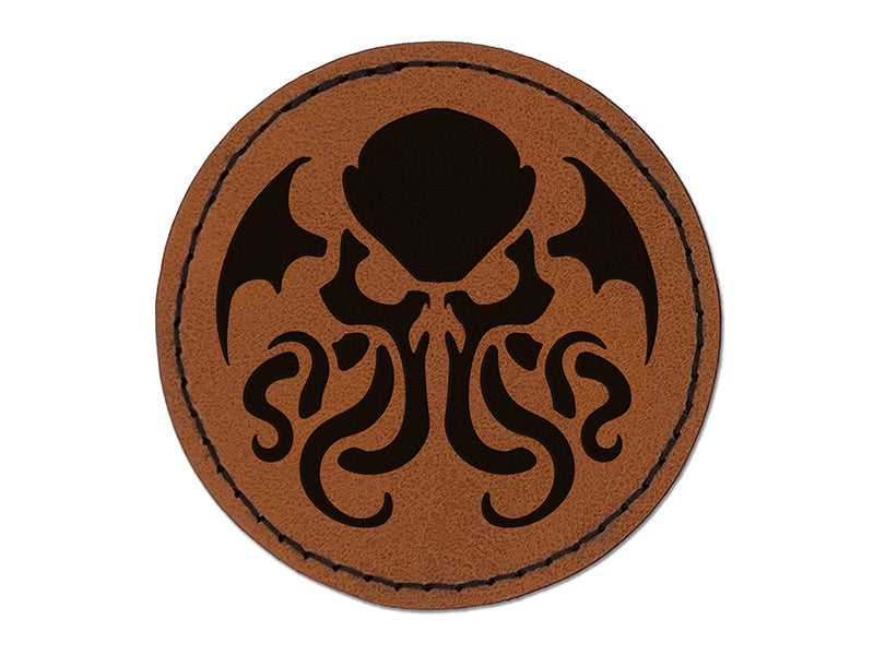 Cthulhu Eldritch Horror Scary Round Iron-On Engraved Faux Leather Patch Applique - 2.5"