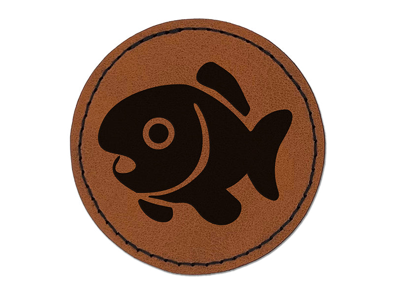 Cute Fish Round Iron-On Engraved Faux Leather Patch Applique - 2.5"