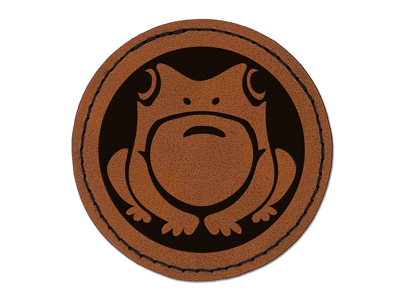 Cute Frog Sitting Round Iron-On Engraved Faux Leather Patch Applique - 2.5"