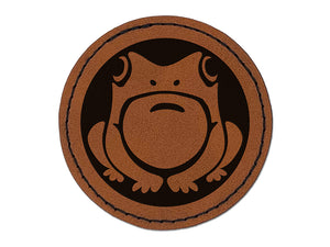 Cute Frog Sitting Round Iron-On Engraved Faux Leather Patch Applique - 2.5"