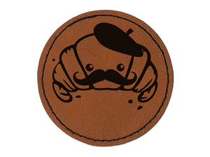 Cute Kawaii French Croissant with Beret and Mustache Round Iron-On Engraved Faux Leather Patch Applique - 2.5"