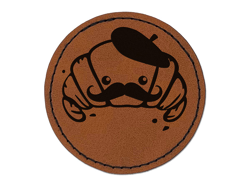 Cute Kawaii French Croissant with Beret and Mustache Round Iron-On Engraved Faux Leather Patch Applique - 2.5"