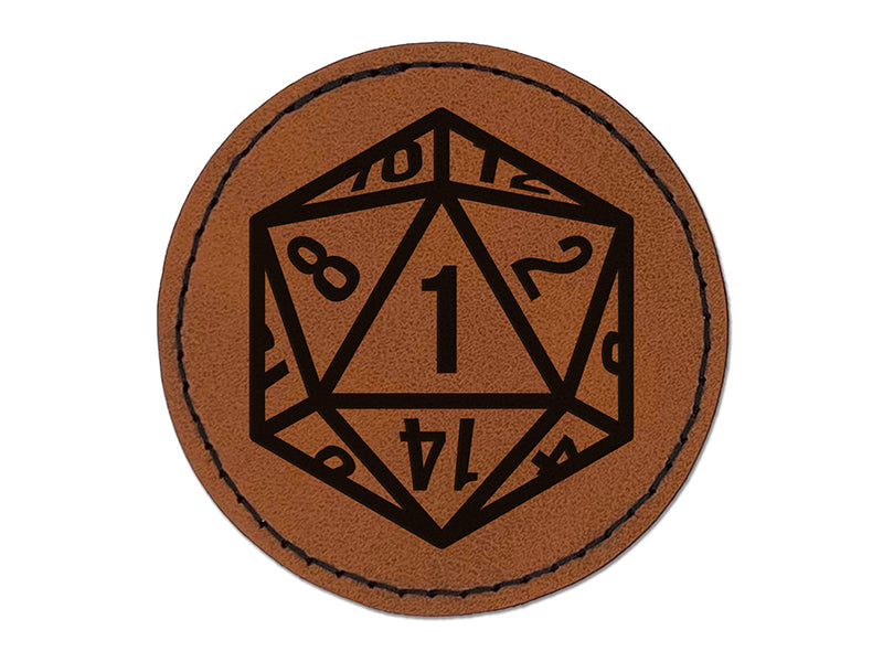 Critical Miss Fail 1 - D20 20 Sided Gaming Gamer Dice Round Iron-On Engraved Faux Leather Patch Applique - 2.5"