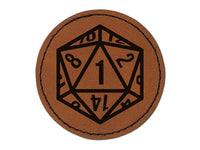 Critical Miss Fail 1 - D20 20 Sided Gaming Gamer Dice Round Iron-On Engraved Faux Leather Patch Applique - 2.5"
