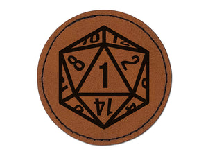 Critical Miss Fail 1 - D20 20 Sided Gaming Gamer Dice Round Iron-On Engraved Faux Leather Patch Applique - 2.5"