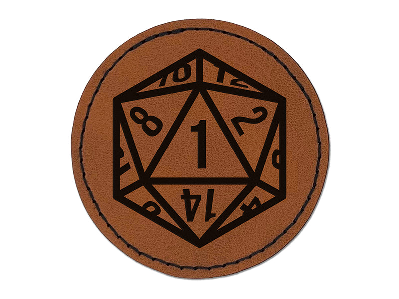 Critical Miss Fail 1 - D20 20 Sided Gaming Gamer Dice Round Iron-On Engraved Faux Leather Patch Applique - 2.5"