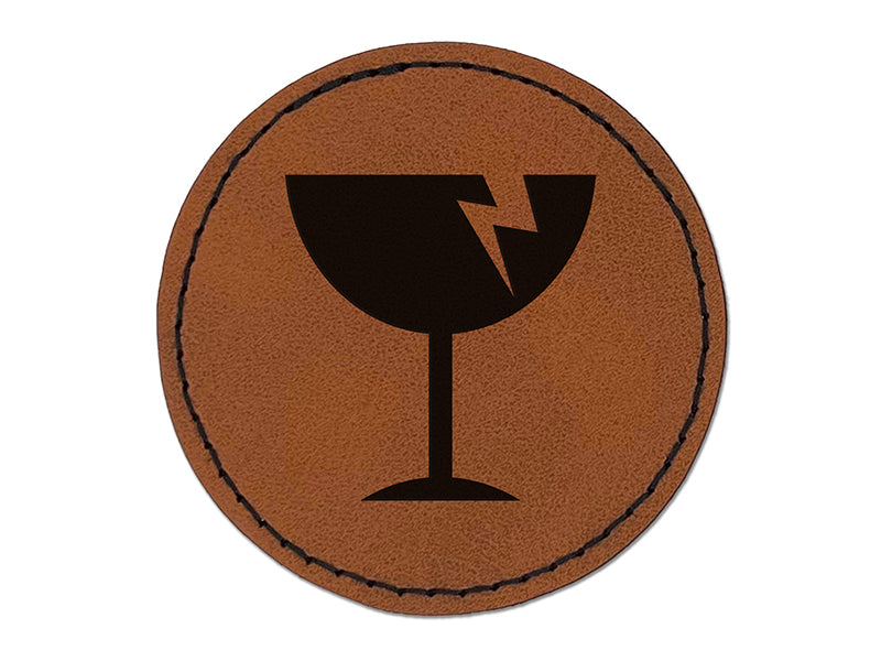 Fragile Glass Icon Round Iron-On Engraved Faux Leather Patch Applique - 2.5"