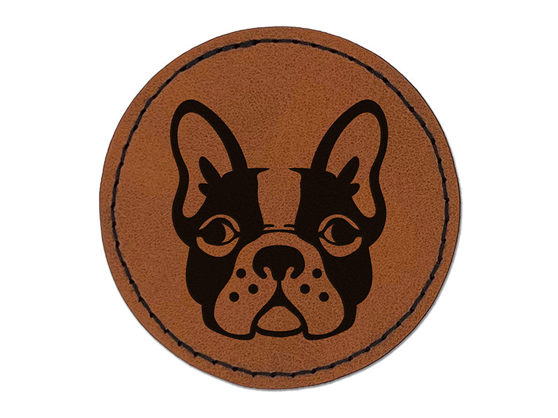 French Bulldog Face Round Iron-On Engraved Faux Leather Patch Applique - 2.5"