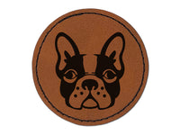 French Bulldog Face Round Iron-On Engraved Faux Leather Patch Applique - 2.5"