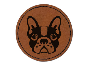 French Bulldog Face Round Iron-On Engraved Faux Leather Patch Applique - 2.5"