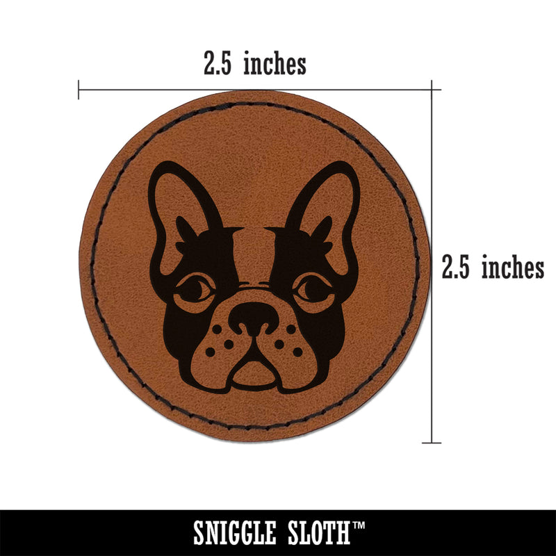 French Bulldog Face Round Iron-On Engraved Faux Leather Patch Applique - 2.5"