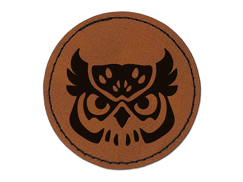 Great Horned Owl Head Round Iron-On Engraved Faux Leather Patch Applique - 2.5"