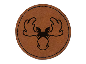 Grumpy Moose Head Round Iron-On Engraved Faux Leather Patch Applique - 2.5"