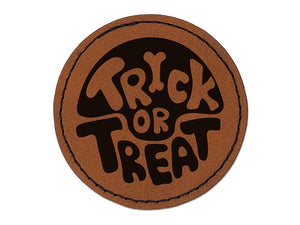 Halloween Trick of Treat Round Iron-On Engraved Faux Leather Patch Applique - 2.5"