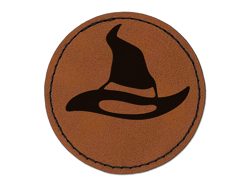 Halloween Witch Hat Round Iron-On Engraved Faux Leather Patch Applique - 2.5"