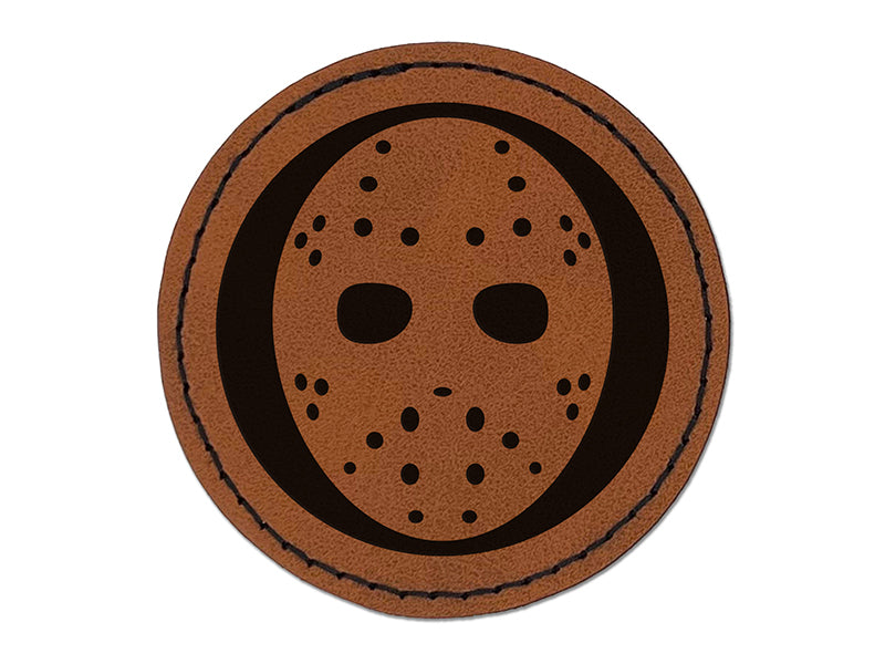 Hockey Mask Goalie Scary Halloween Round Iron-On Engraved Faux Leather Patch Applique - 2.5"