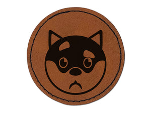 Husky Dog Face Curious Round Iron-On Engraved Faux Leather Patch Applique - 2.5"