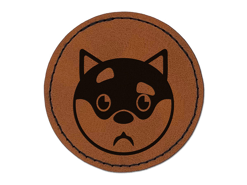 Husky Dog Face Curious Round Iron-On Engraved Faux Leather Patch Applique - 2.5"