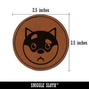 Husky Dog Face Curious Round Iron-On Engraved Faux Leather Patch Applique - 2.5"