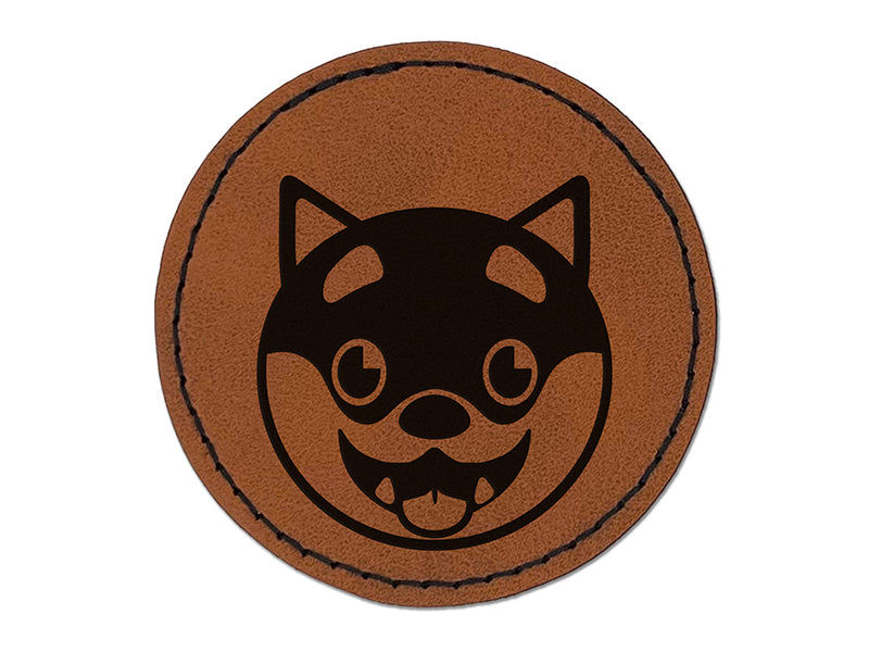 Husky Dog Face Excited Round Iron-On Engraved Faux Leather Patch Applique - 2.5"