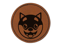 Husky Dog Face Excited Round Iron-On Engraved Faux Leather Patch Applique - 2.5"