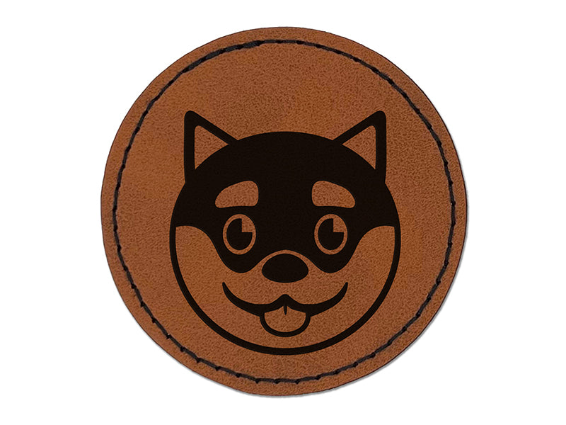 Husky Dog Face Happy Round Iron-On Engraved Faux Leather Patch Applique - 2.5"